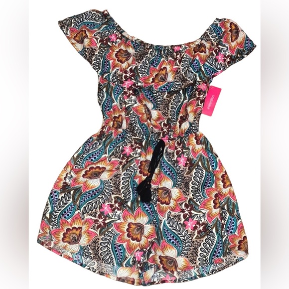 Xhilaration Pants - XHILARATION Off Shoulder Teal Pink Ruffle Floral Short Romper Women's Small NWT